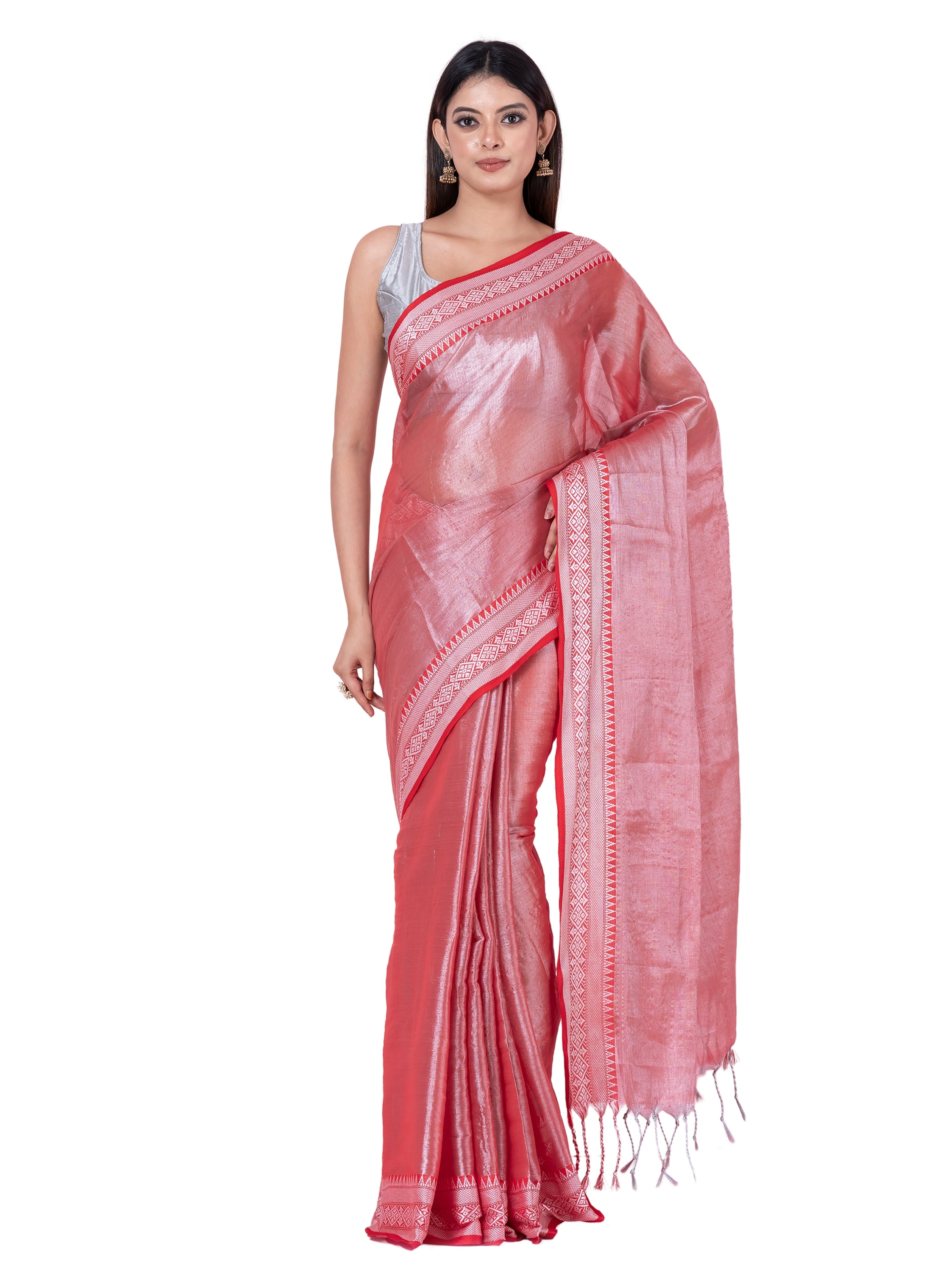 Shimmery red tissue saree with geometrical border.