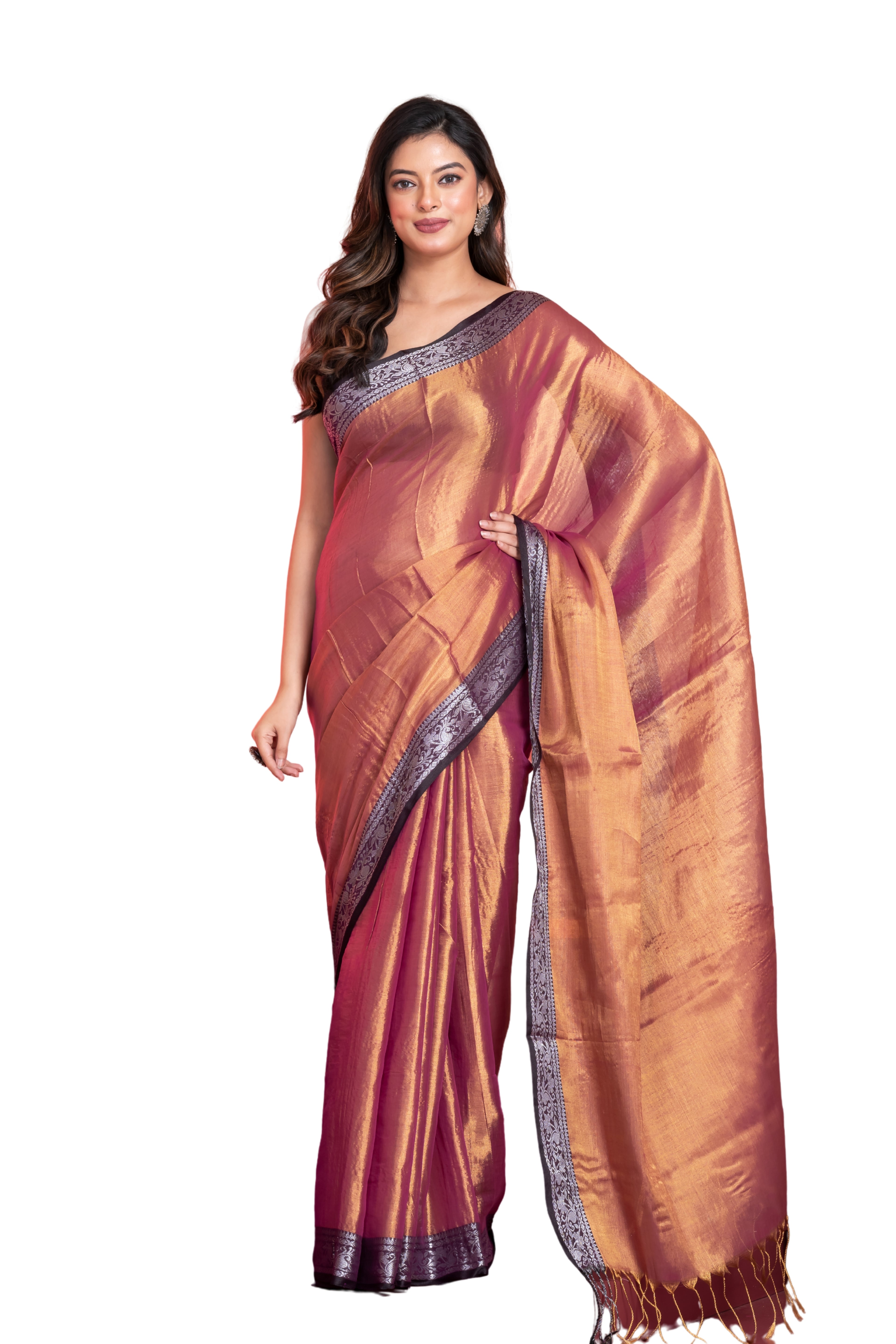 Shimmery red tissue saree with geometrical border.