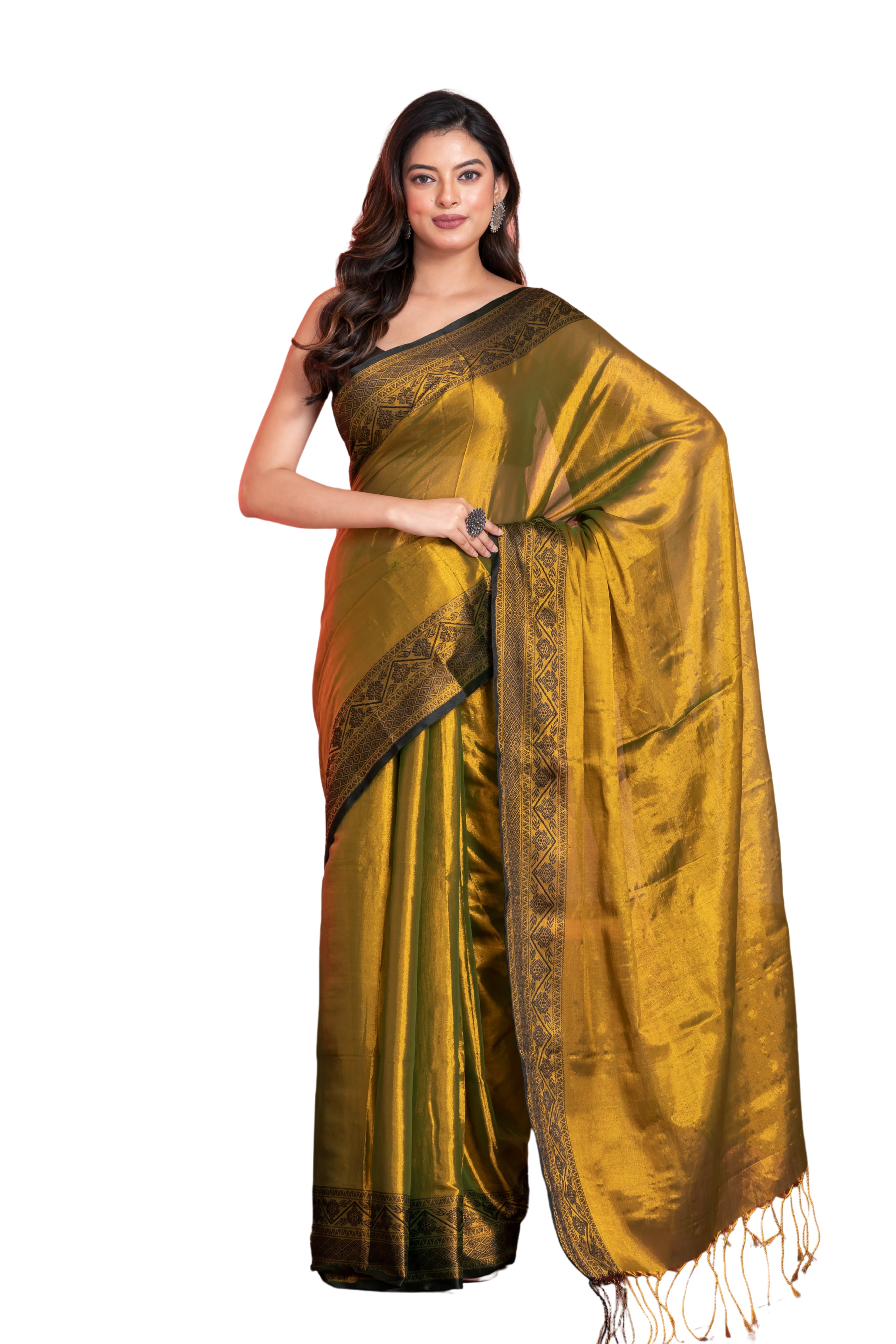 Shimmery red tissue saree with geometrical border.