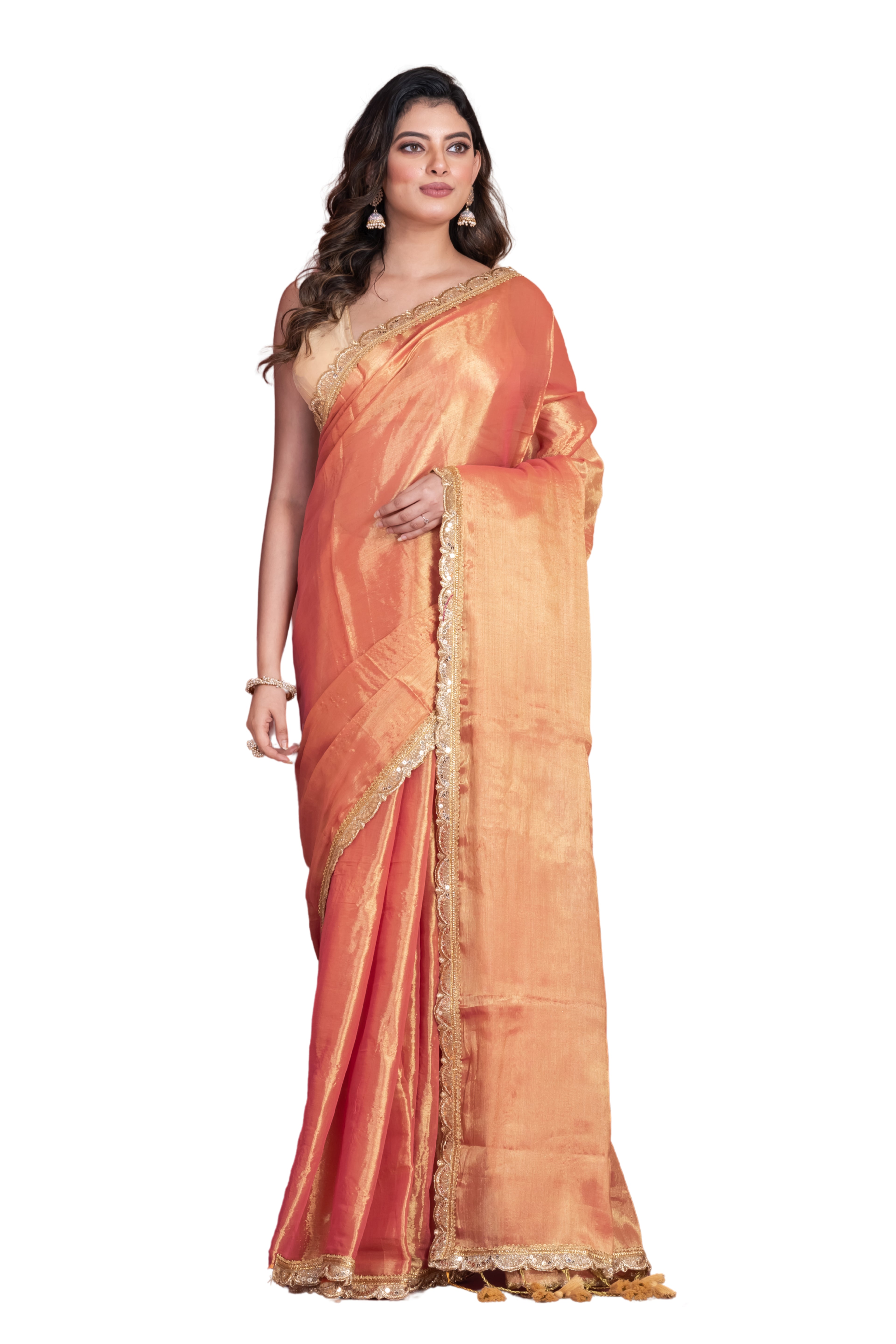 Tissue cotton saree with lace.