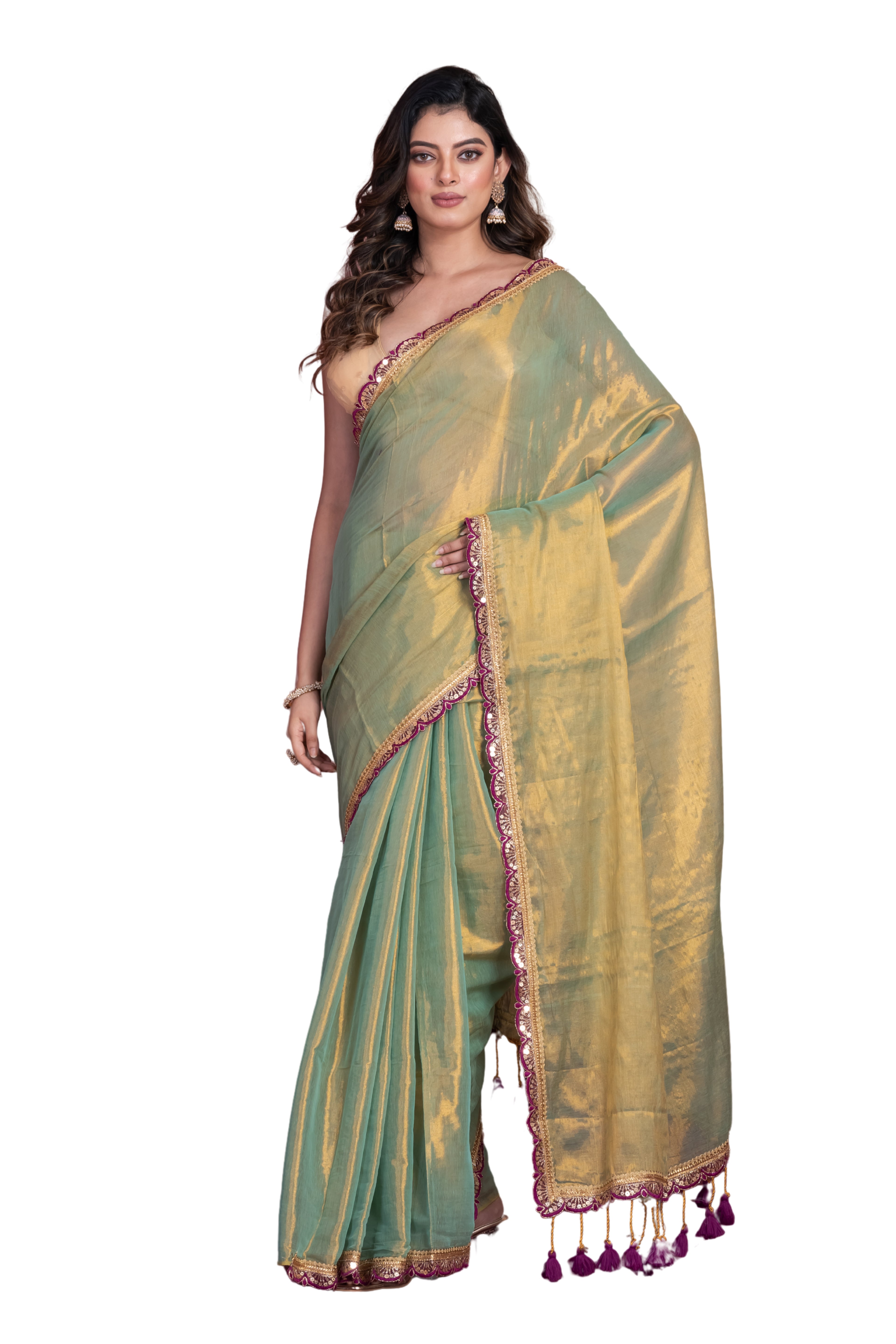 Tissue cotton saree with lace.