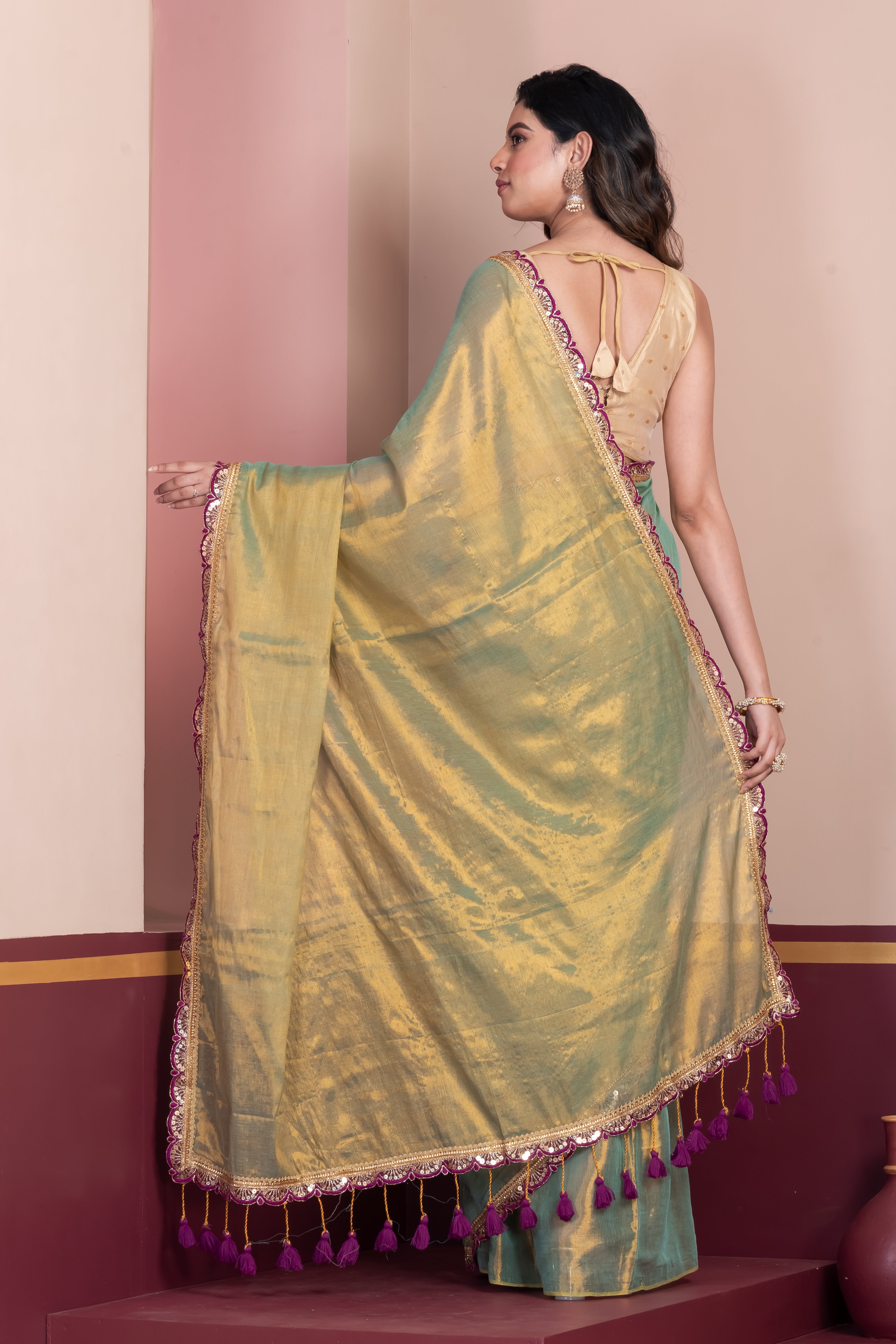 Tissue cotton saree with lace.