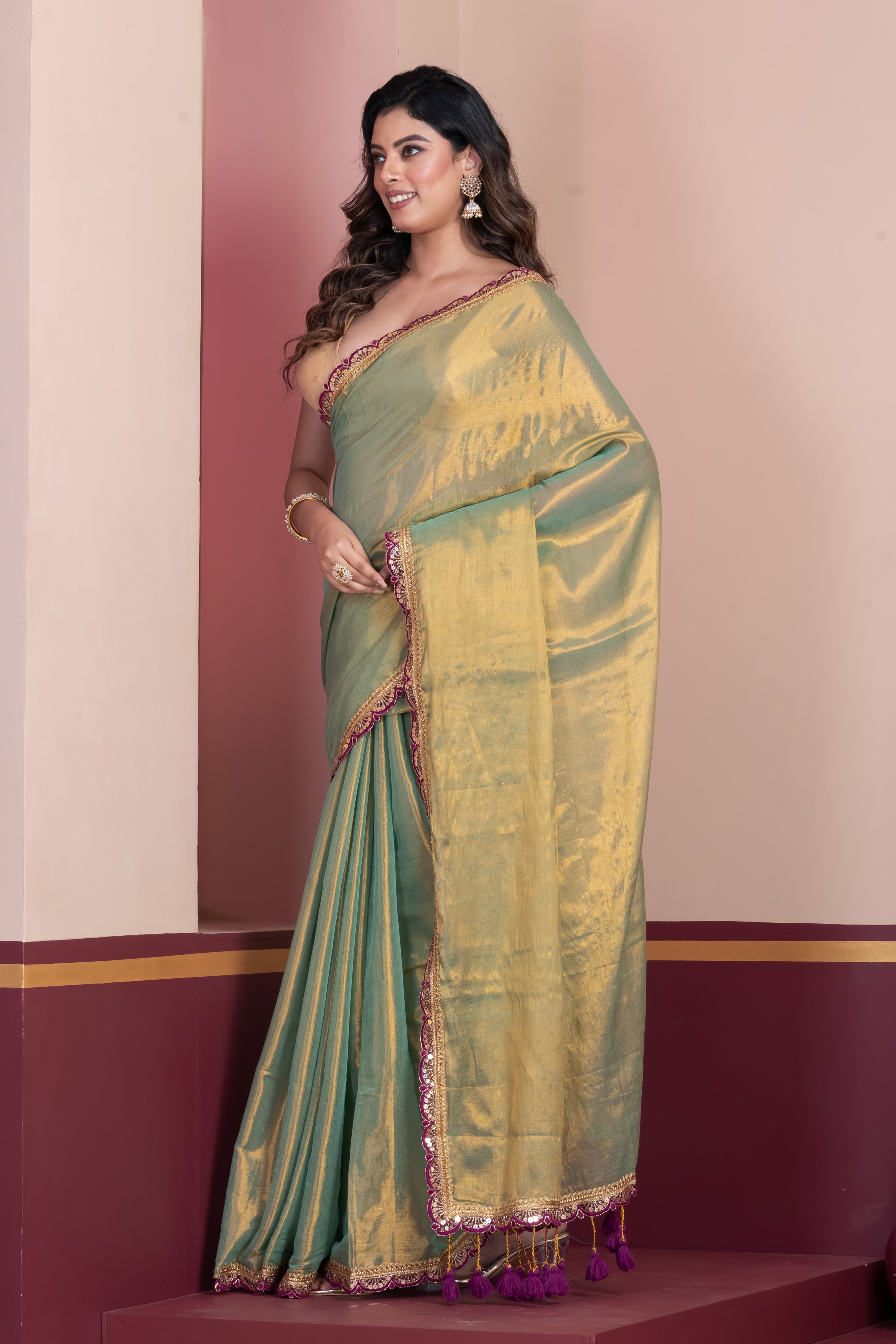 Tissue cotton saree with lace.