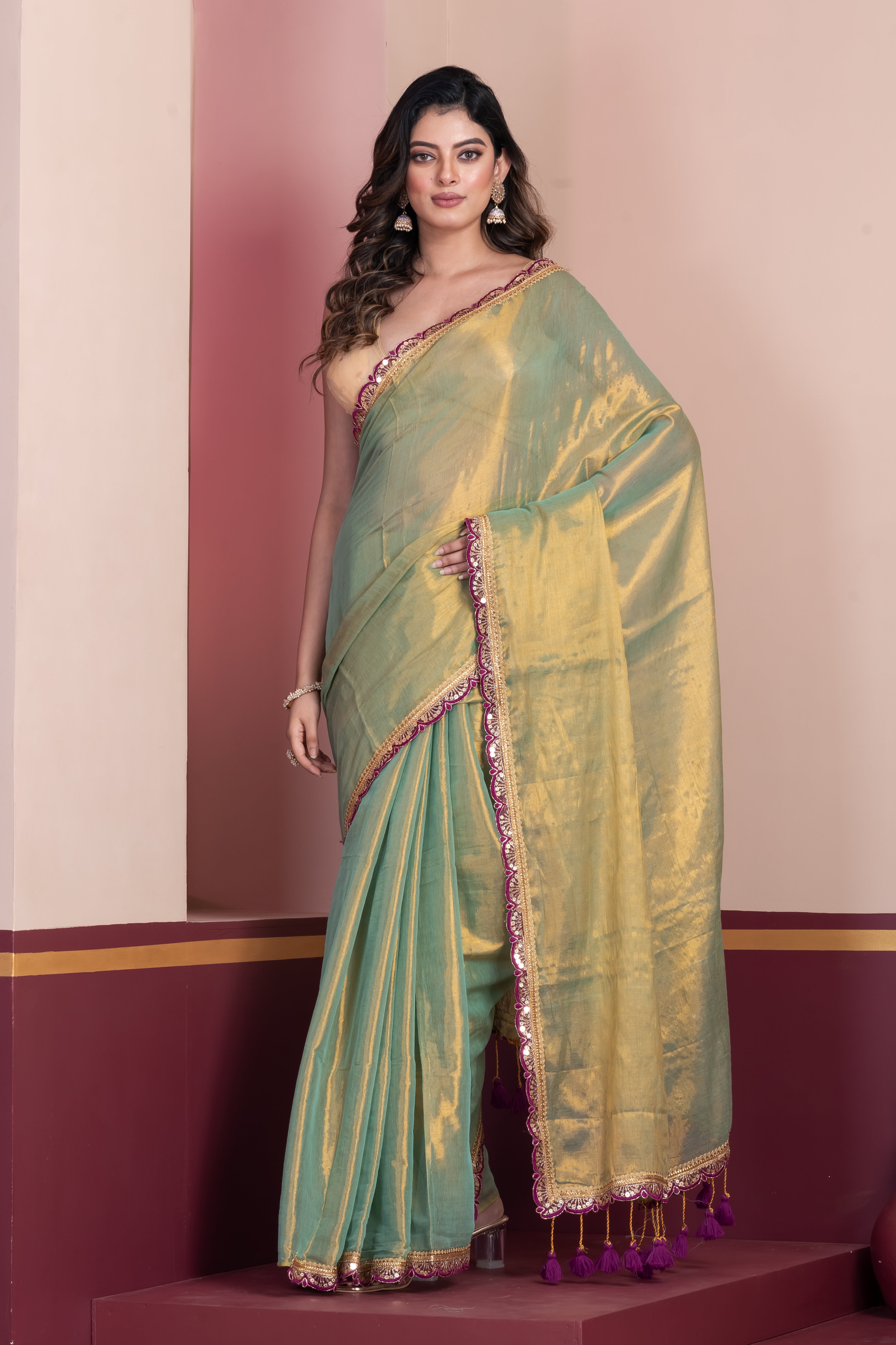 Tissue cotton saree with lace.