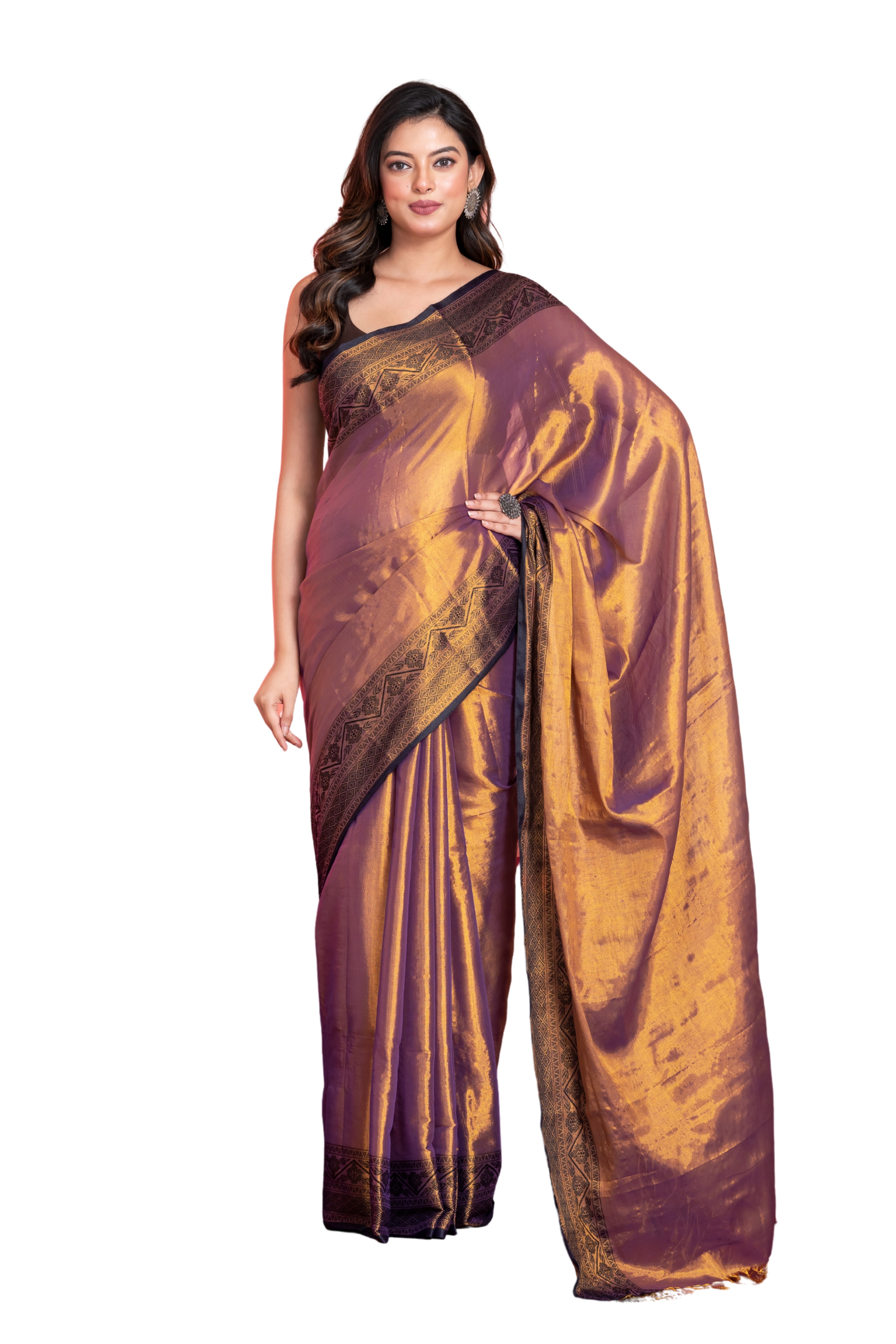 Shimmery red tissue saree with geometrical border.