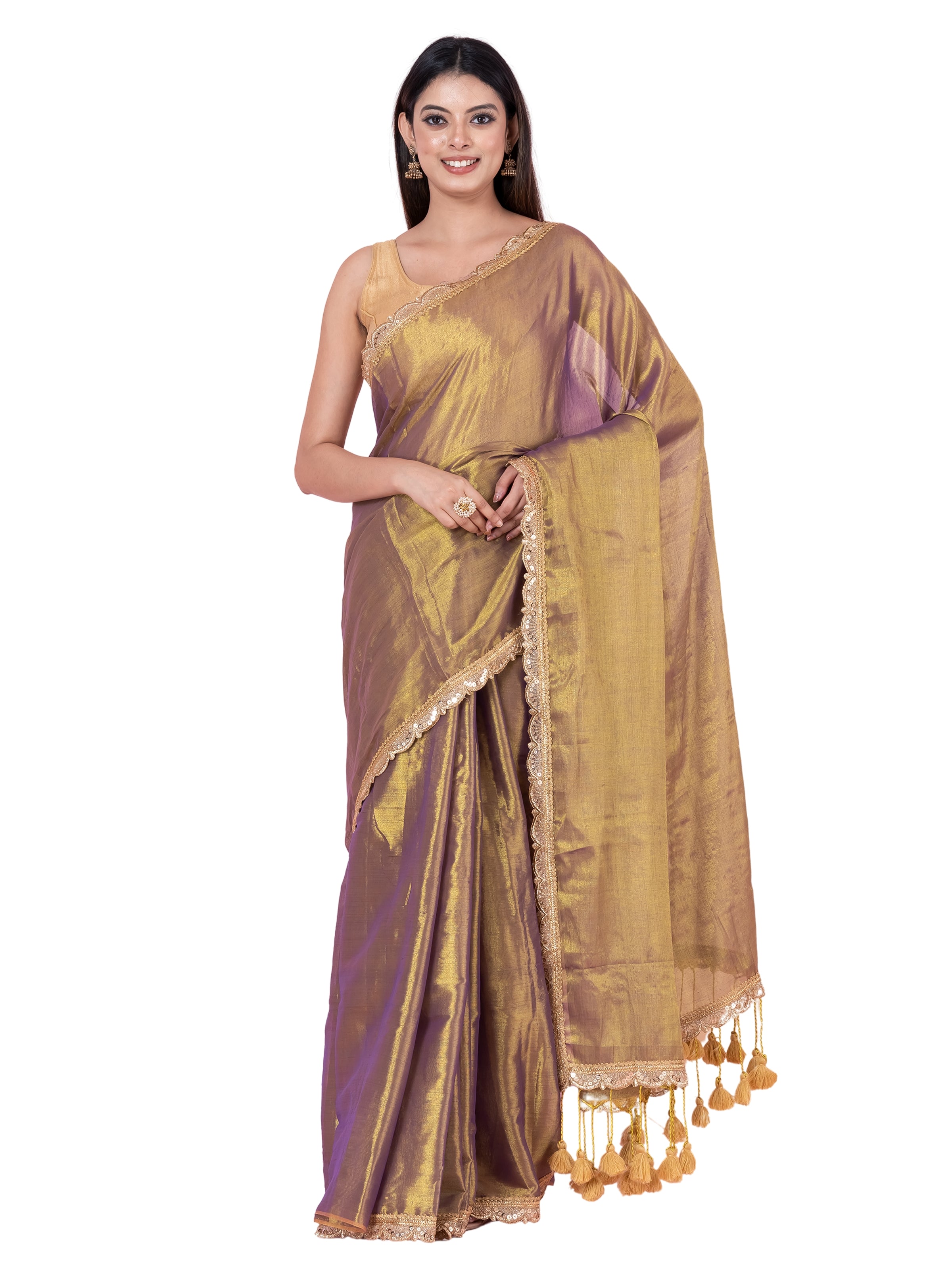 Tissue cotton saree with lace.
