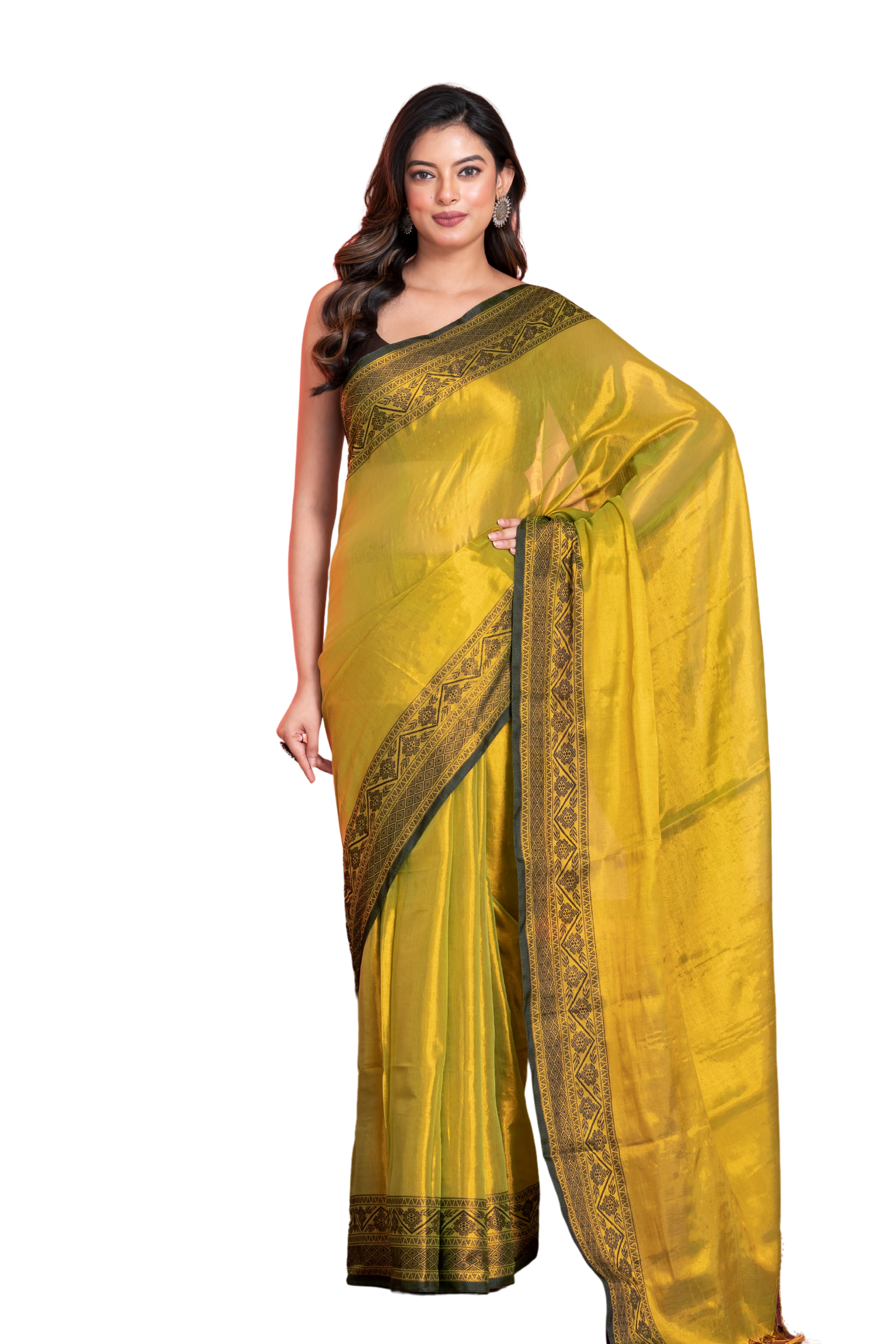 Shimmery red tissue saree with geometrical border.
