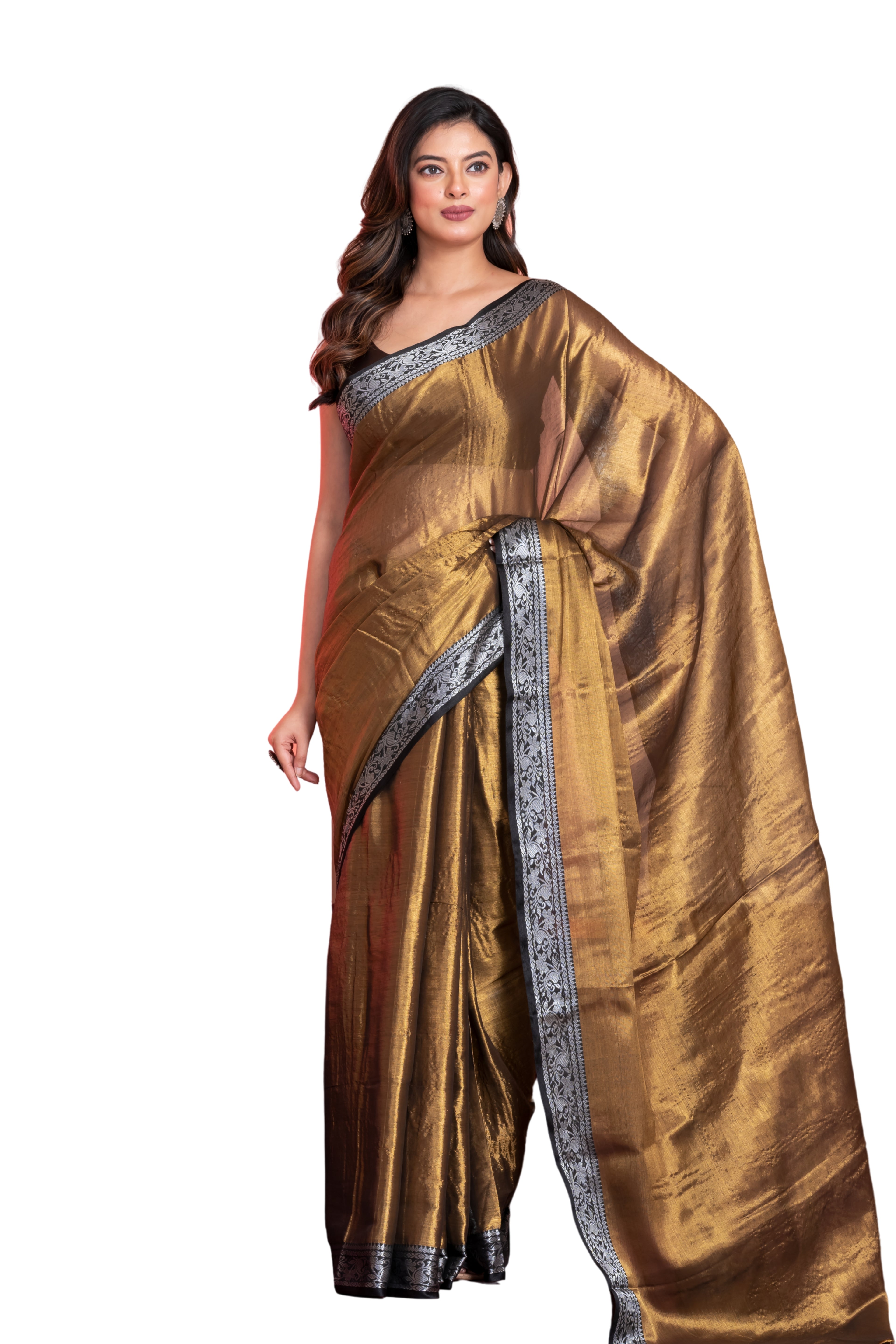 Shimmery red tissue saree with geometrical border.