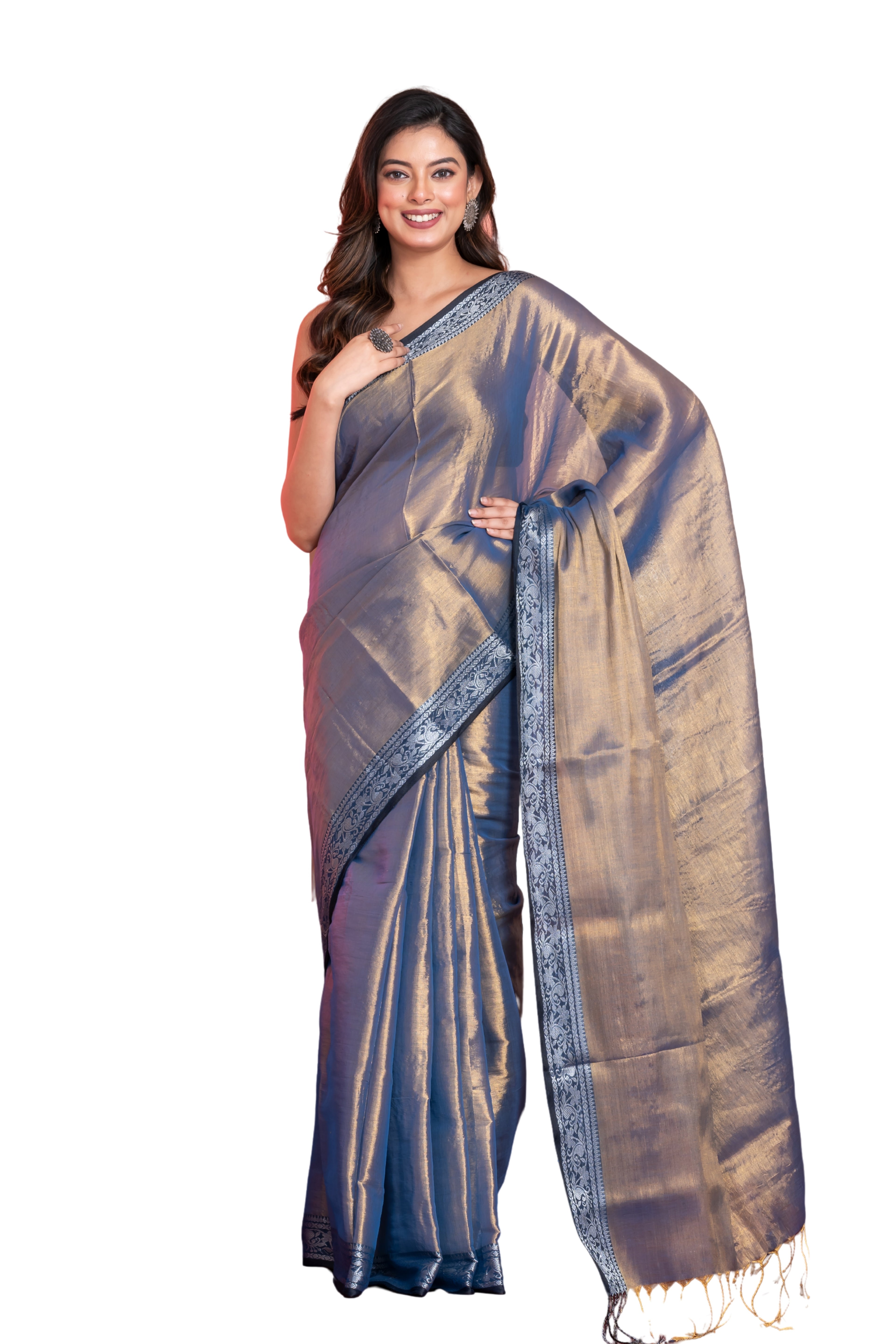 Shimmery red tissue saree with geometrical border.