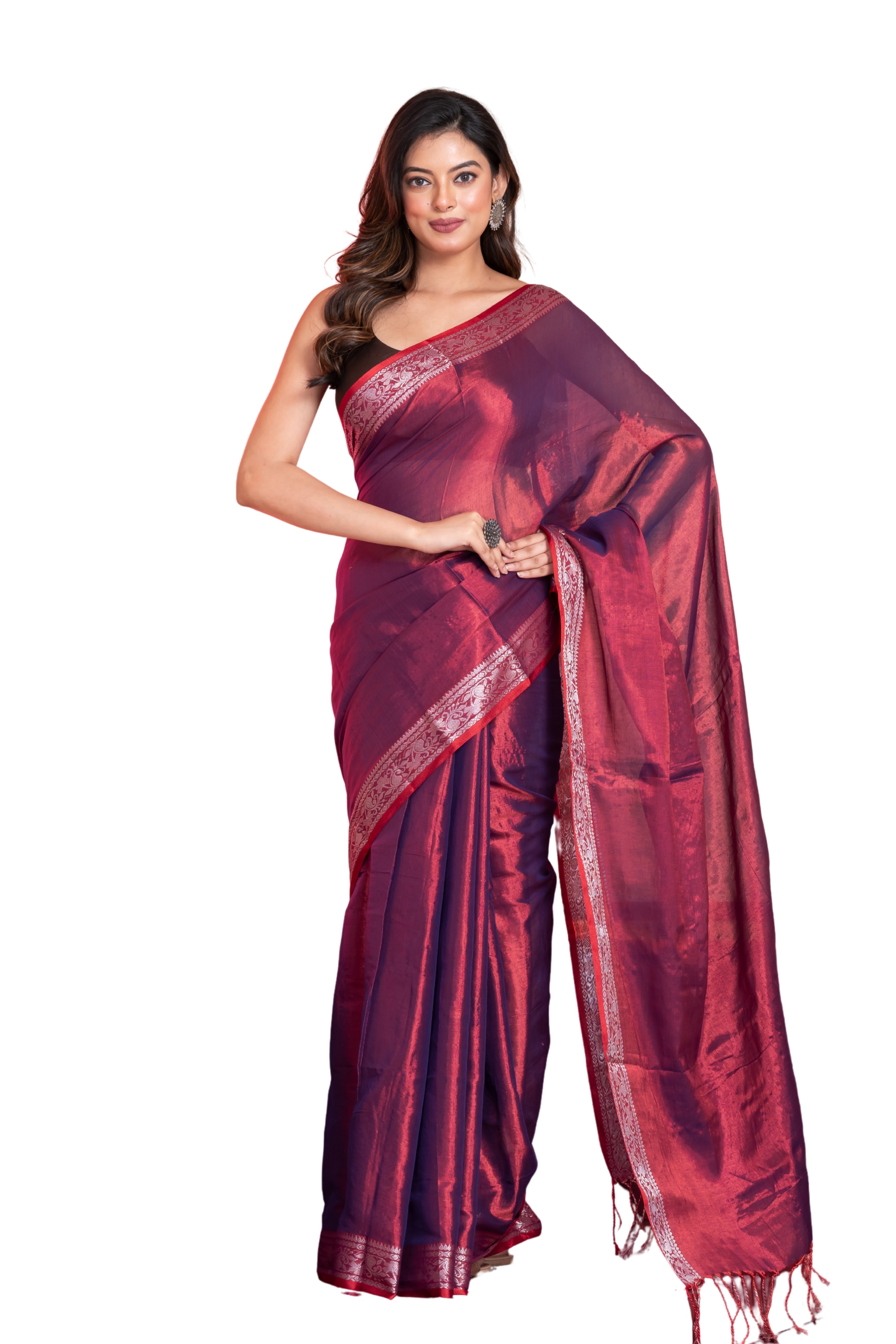 Shimmery red tissue saree with geometrical border.