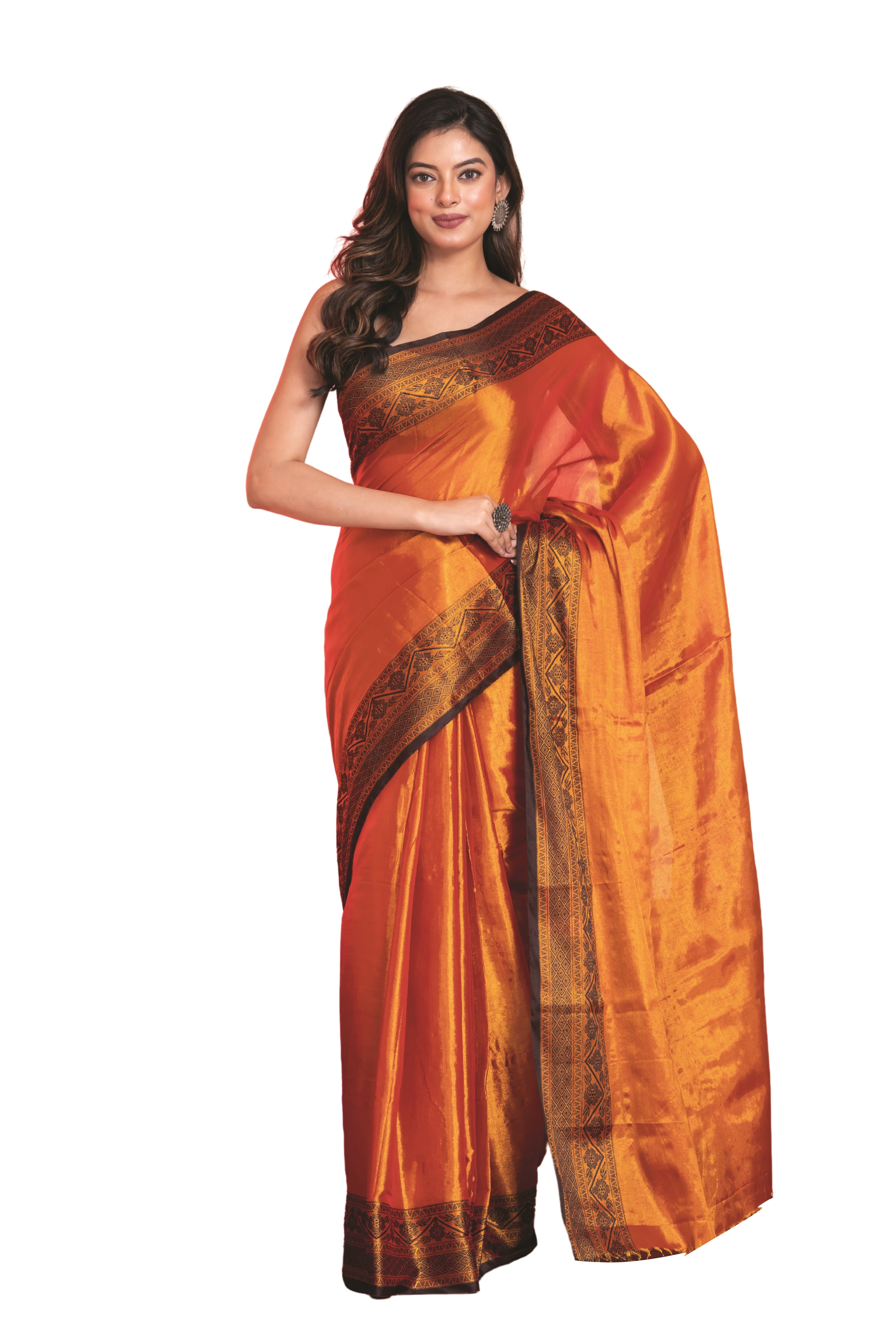 Shimmery red tissue saree with geometrical border.