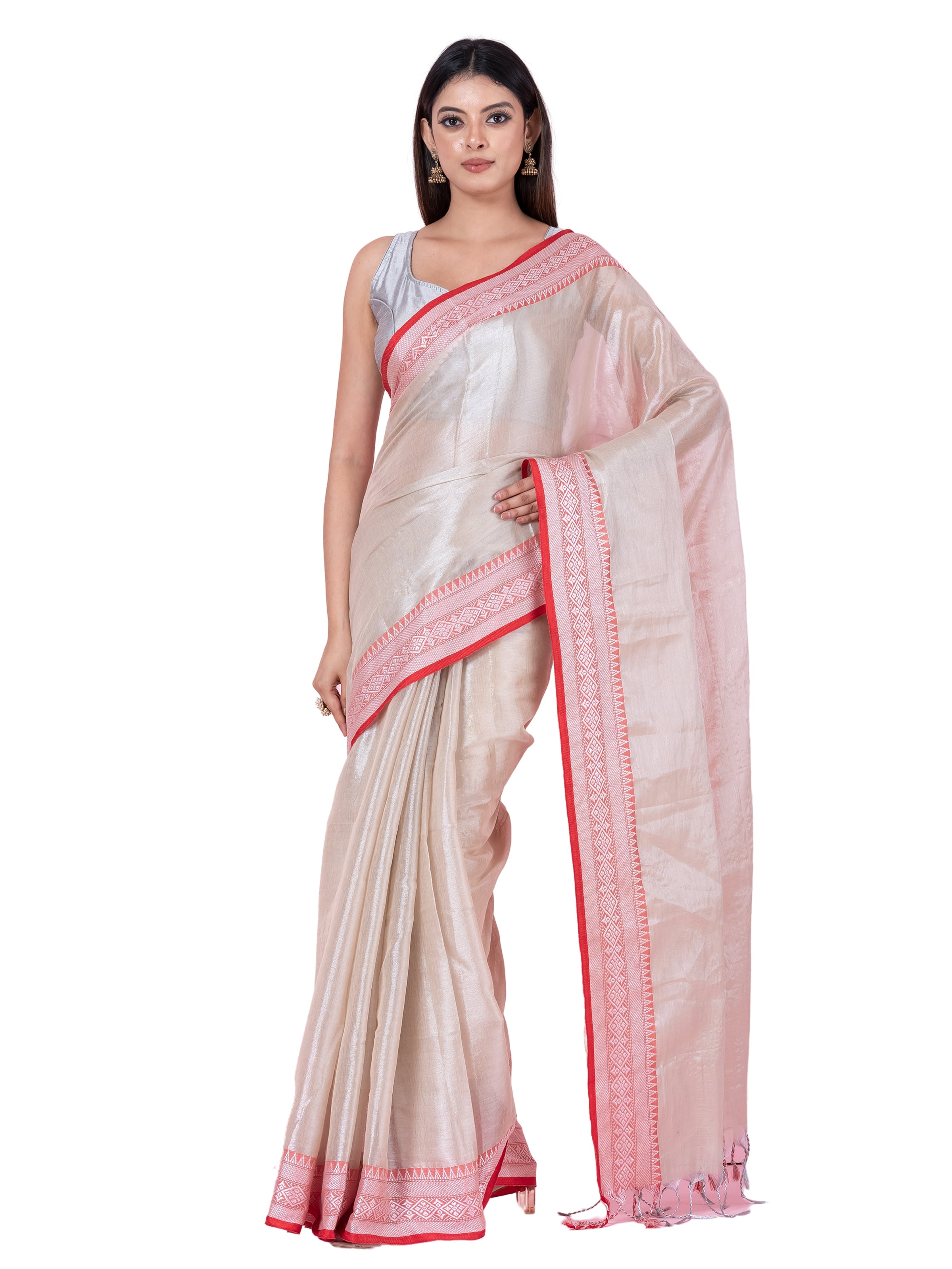 Shimmery red tissue saree with geometrical border.