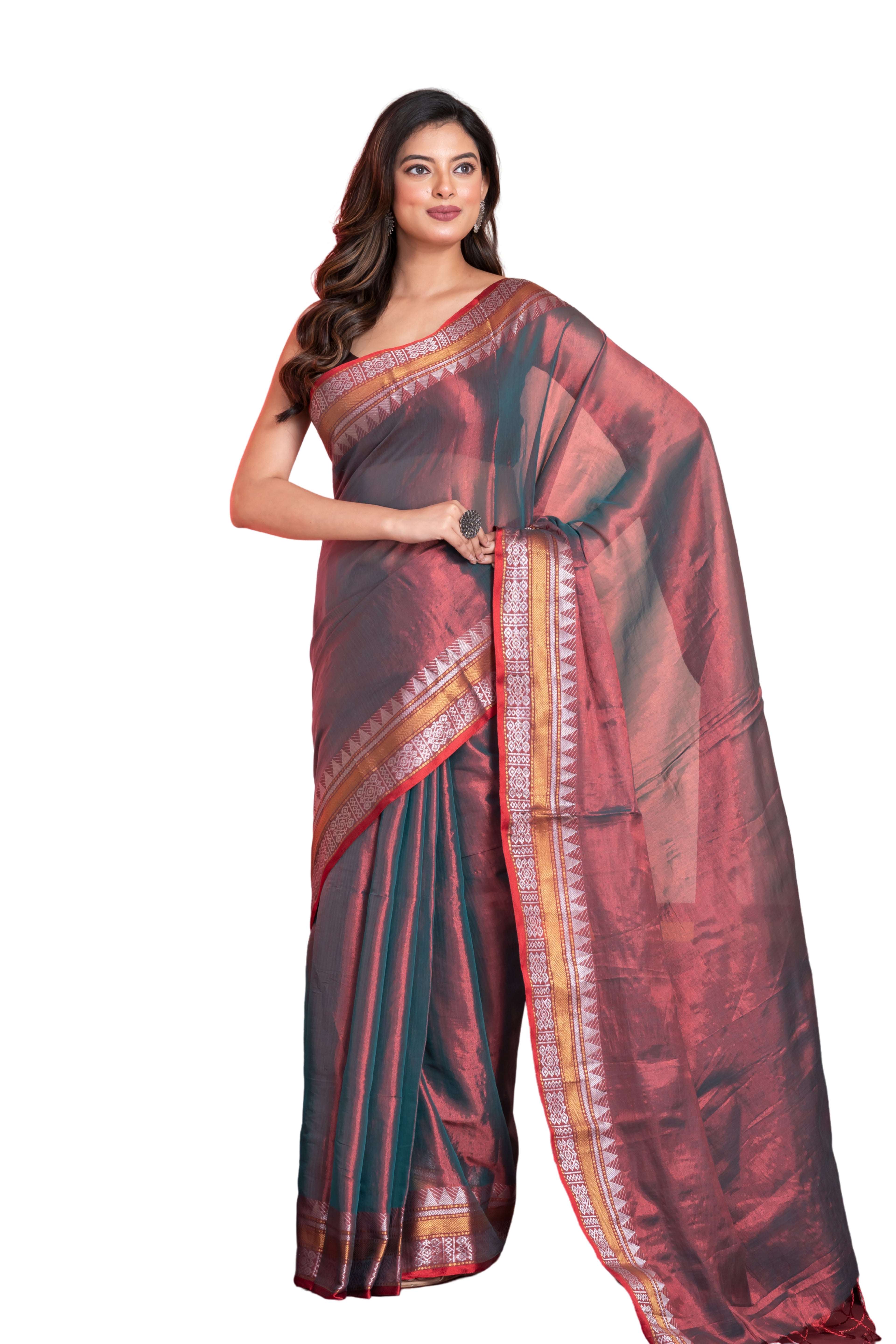 Shimmery red tissue saree with geometrical border.