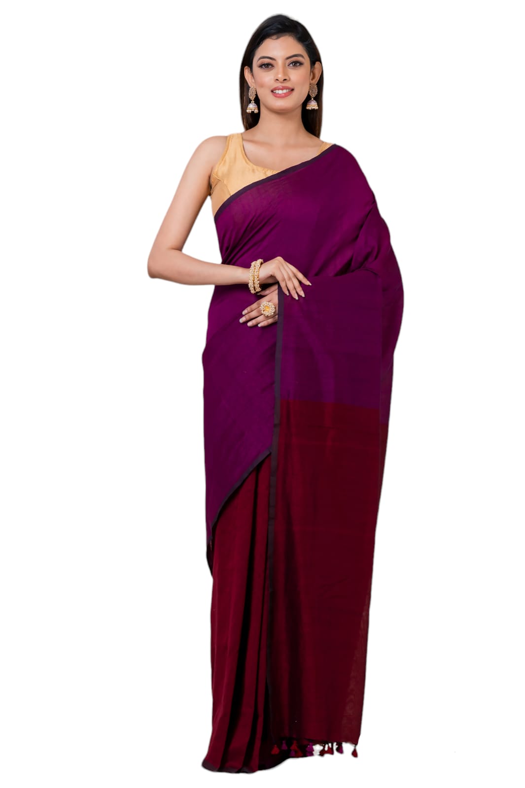 Soft cotton colorblock saree in raani pink and maroon red combination with blouse piece attached.