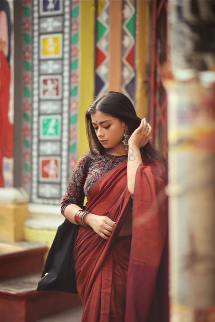 Khaddi Cotton Colourblock Saree | Handwoven Pure Cotton Saree for Women